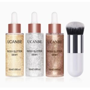 Face Body Glitter Liquid Highlighter Dewy Drops with Makeup Brush 50ml 3x